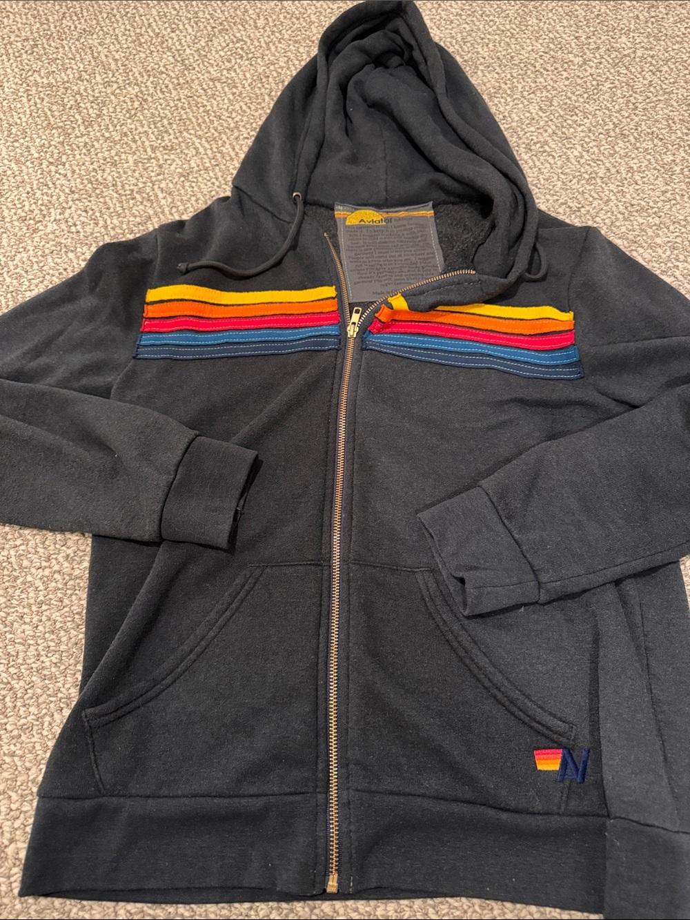 Aviator Nation Black Hoodie with Rainbow Stripe Accent - Picture 3 of 4